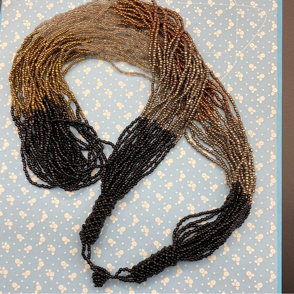 Artisan Multi-Strand Seed Bead Long Necklace Black Silver Copper Colorblock - Picture 4 of 7